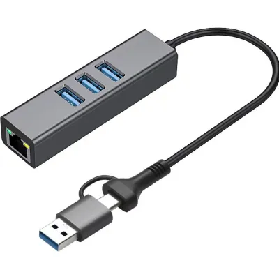 Концентратор USB 3.0 Type-C/Type-A to RJ45 Gigabit Lan, 3*USB 3.0, cable 13 cm Dynamode (DM-AD-GLAN-U3) - зображення 1