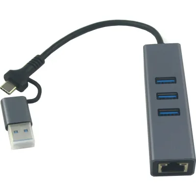 Концентратор USB 3.0 Type-C/Type-A to RJ45 Gigabit Lan, 3*USB 3.0, cable 13 cm Dynamode (DM-AD-GLAN-U3) - мініатюра 2