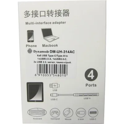 Концентратор Dynamode USB Type-C + USB-A to 1хUSB-C 3.0 1хUSB-A 3.0 2xUSB-A 2.0 dark grey (DM-UH-314AC) - мініатюра 6
