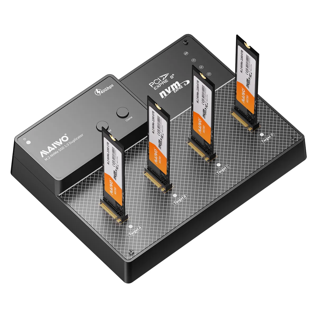 Док-станція Maiwo клонір. для 4*NVMe M.2 SSD Key M/B+M ч-з USB4.0 Type-C 40Gbps з вентилятором метал - зображення 1