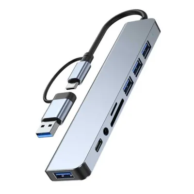 Концентратор Dynamode USB-C/A 8-in-1 1xUSB-C + 1xUSB 3.0 + 3xUSB 2.0 + 3.5mm audio + SD/TF silver (BYL-2218TU) - зображення 1