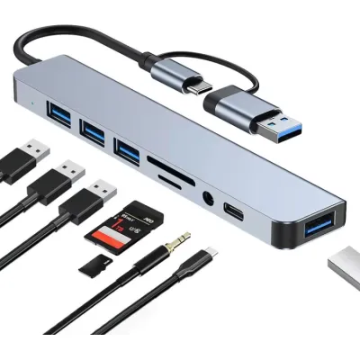 Концентратор Dynamode USB-C/A 8-in-1 1xUSB-C + 1xUSB 3.0 + 3xUSB 2.0 + 3.5mm audio + SD/TF silver (BYL-2218TU) - мініатюра 2