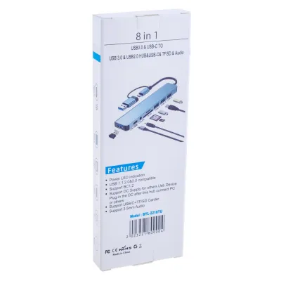 Концентратор Dynamode USB-C/A 8-in-1 1xUSB-C + 1xUSB 3.0 + 3xUSB 2.0 + 3.5mm audio + SD/TF silver (BYL-2218TU) - мініатюра 4
