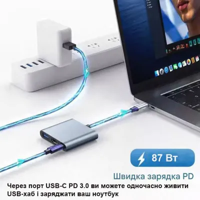 Концентратор Dynamode USB-C 3-in-1 1xHDMI 4K + 1xUSB 3.0 + 1xUSB-C PD 87W (Multiport USB-C 3-in-1 dark grey) - мініатюра 4