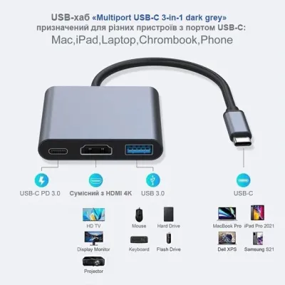 Концентратор Dynamode USB-C 3-in-1 1xHDMI 4K + 1xUSB 3.0 + 1xUSB-C PD 87W (Multiport USB-C 3-in-1 dark grey) - мініатюра 7