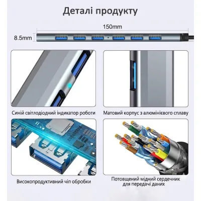 Концентратор Dynamode USB-C + UAB-A to 1xUSB 3.0 + 6xUSB 2.0 gray (DM-UH-701AC) - мініатюра 10