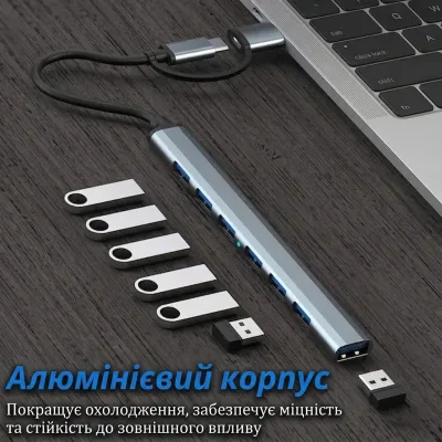 Концентратор Dynamode USB-C + UAB-A to 1xUSB 3.0 + 6xUSB 2.0 gray (DM-UH-701AC) - мініатюра 8
