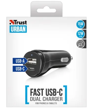 Автомобільний зарядний пристрій Trust Urban USB-C&USB (USB-Ax2.4A, USB-Cx3.0A) Black (21588) - мініатюра 3