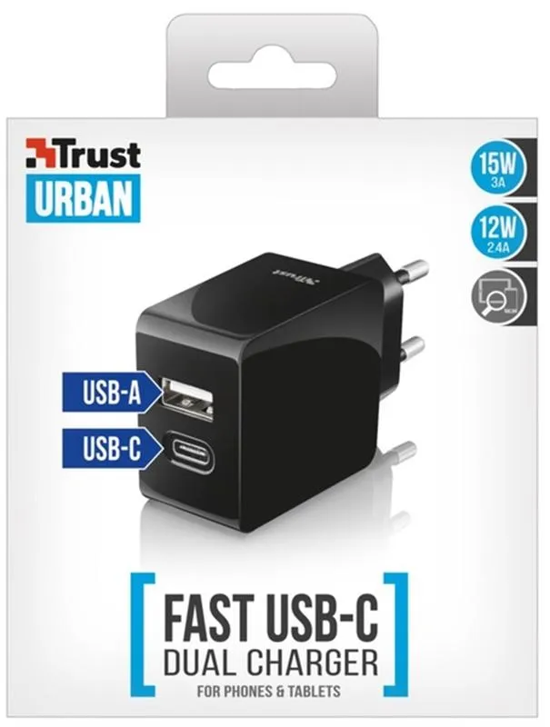 Мережевий зарядний пристрій Trust Urban Fast Dual USB-C&USB (17W, 2USB 3.0A) Black (21589) - мініатюра 5