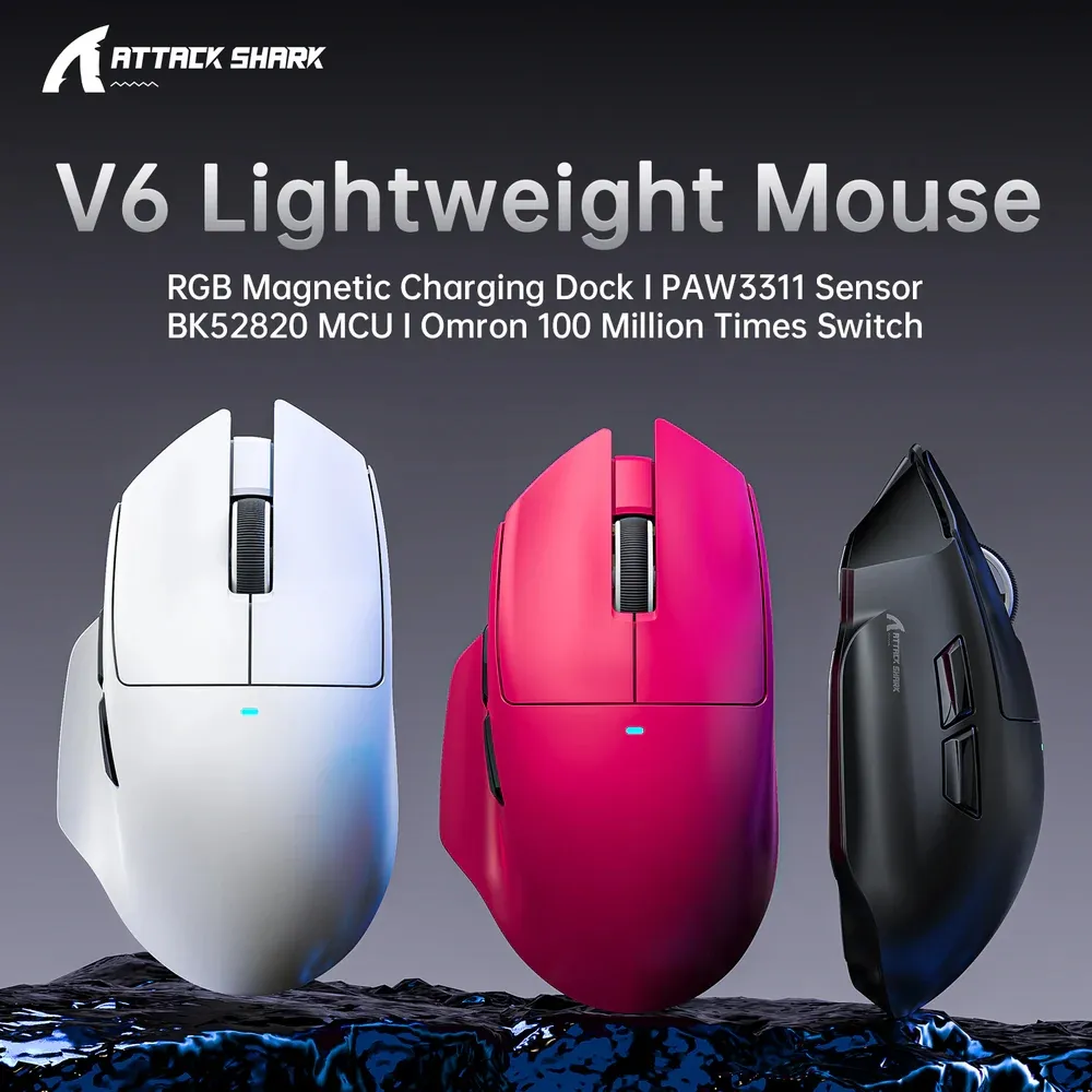 Мишка Attack Shark V6 Ultra-Light, Wireless/Bluetooth, 25000dpi. (PAW3311), 7кн., Black - мініатюра 4