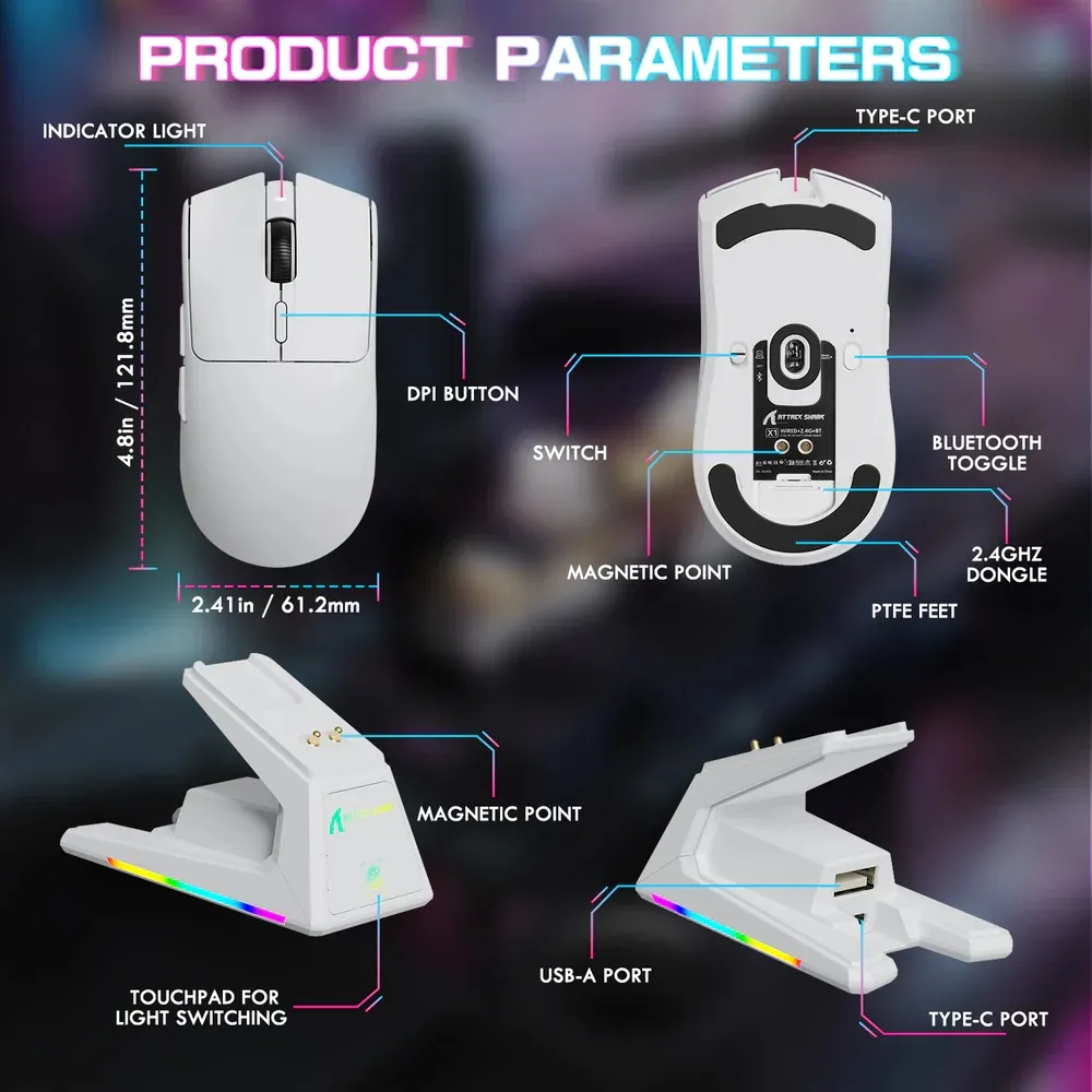 Мишка Attack Shark X1, Wireless/Bluetooth, 40000dpi. (PAW3395PRO), 6кн., White - мініатюра 10