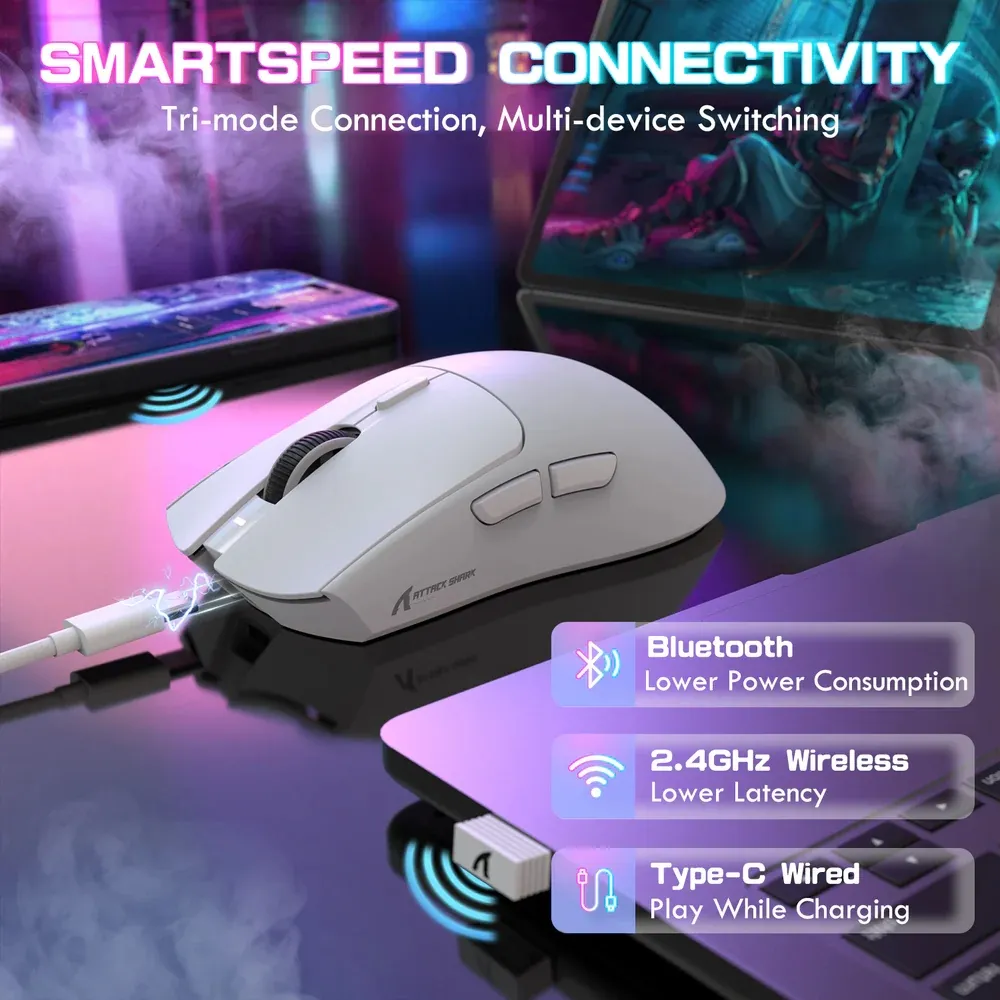 Мишка Attack Shark X1, Wireless/Bluetooth, 40000dpi. (PAW3395PRO), 6кн., White - мініатюра 6