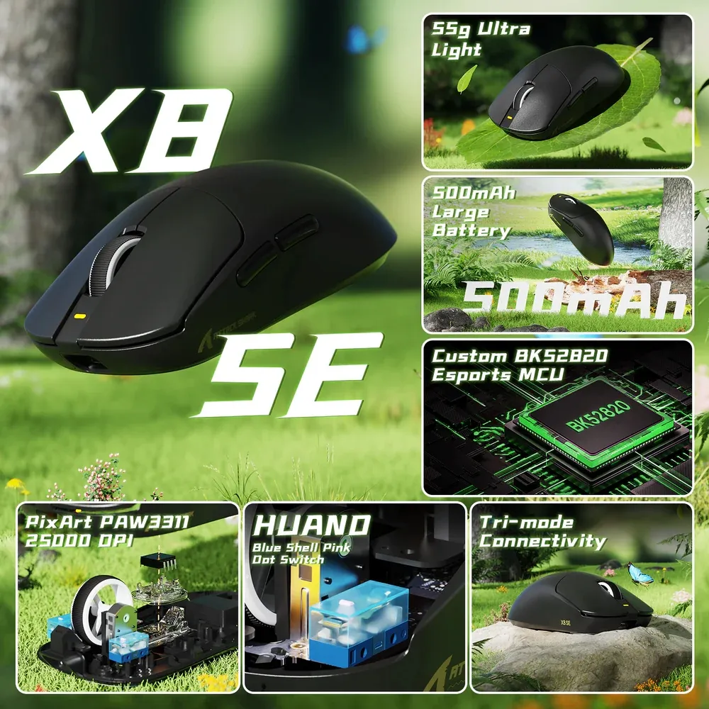 Мишка Attack Shark X8 SE, Wireless/Bluetooth, 25000dpi. (PAW3311), 6кн., Black - мініатюра 4