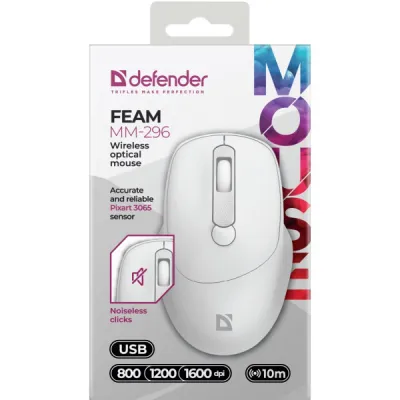 Мишка Defender Feam MM-296, бездротова, 4кн. до 1600 dpi, безшумна, біла - мініатюра 3