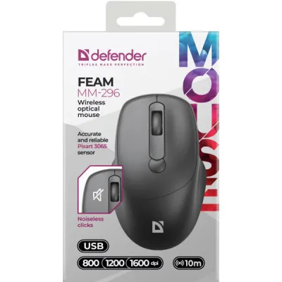 Мишка Defender Feam MM-296, бездротова, 4кн. до 1600 dpi, безшумна, чорна - мініатюра 3