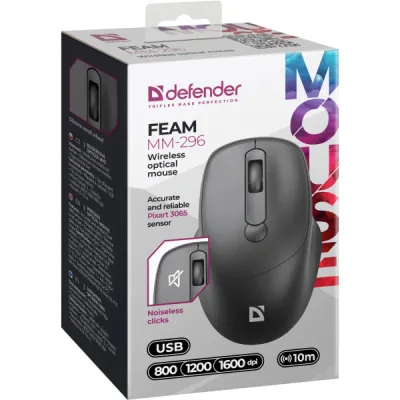 Мишка Defender Feam MM-296, бездротова, 4кн. до 1600 dpi, безшумна, чорна - мініатюра 4