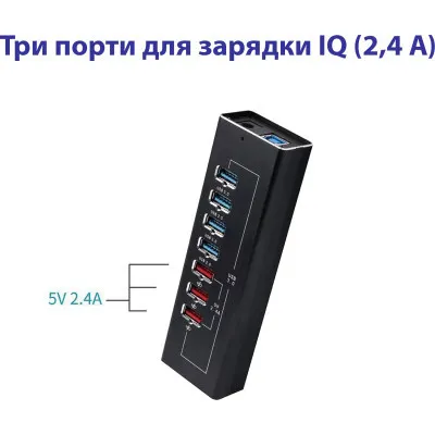 Концентратор Dynamode 4*USB3.0 data ports + 3*2.4А charge with Power Adaptor metal (DM-UH-P407) - мініатюра 3