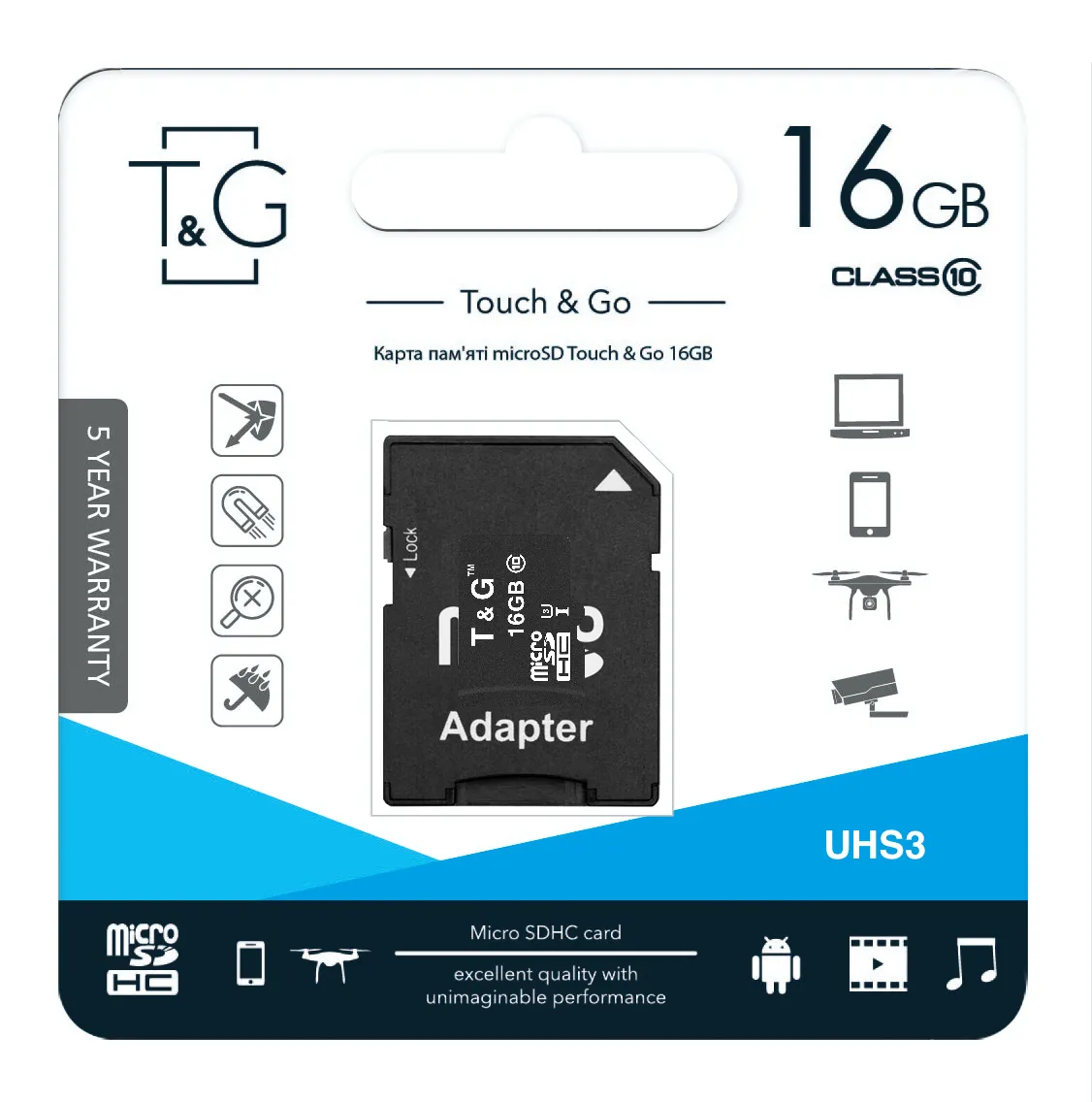 Карта пам`ятi MicroSDHC 16GB UHS-I U3 Class 10 T&G + SD-adapter (TG-16GBSD10U3-01) - мініатюра 2