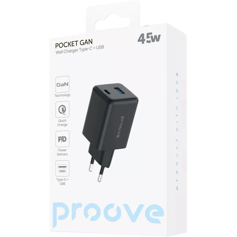 Мережевий зарядний пристрій Proove Pocket GaN (1USB-C, 1USB) 45W Black (WCPG45110001) - мініатюра 4