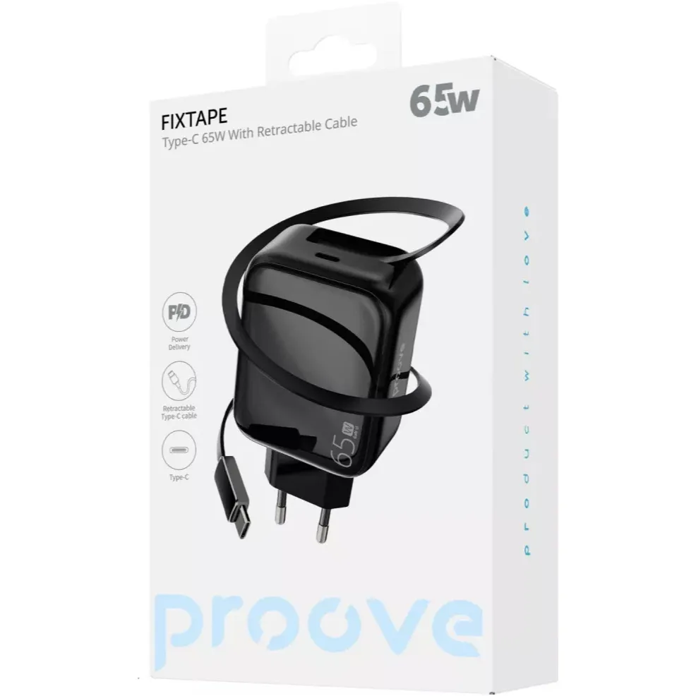 Мережевий зарядний пристрій Proove Fixtape GaN (1USB-C, вбудований кабель USB-C) 65W Black (WCFP65010201) - мініатюра 5