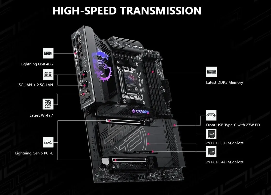 Материнська плата MSI MPG X870E Carbon Max WiFi Socket AM5 - мініатюра 8