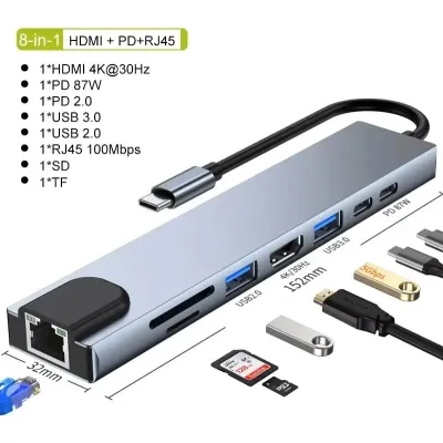 Концентратор Dynamode USB-C 8-in-1 HDMI 4K30Hz + 1xRJ45 + 1xUSB 3.0 + 1xUSB 2.0 + 1xUSB-C PD (BYL-2017L) - мініатюра 10