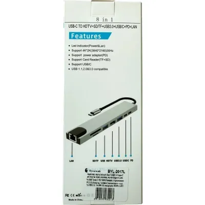 Концентратор Dynamode USB-C 8-in-1 HDMI 4K30Hz + 1xRJ45 + 1xUSB 3.0 + 1xUSB 2.0 + 1xUSB-C PD (BYL-2017L) - мініатюра 9