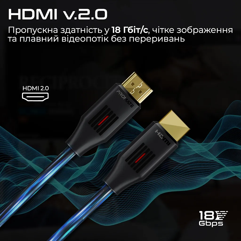 Кабель Promate ProLink4K60-300 HDMI - HDMI V 2.0 (M/M), 3 м, Black - мініатюра 3