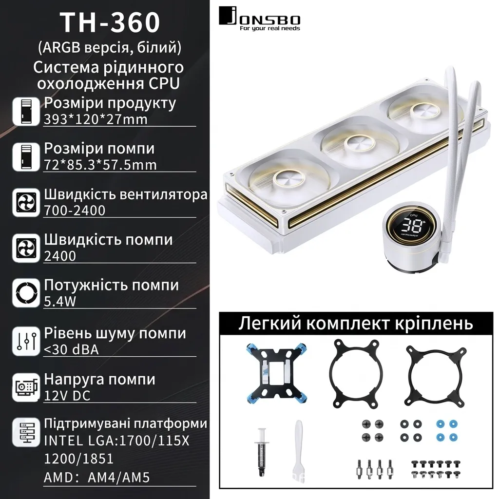Система водяного охолодження JONSBO TH360 з дисплеєм, 360 мм, ARGB, PWM, білий - зображення 1