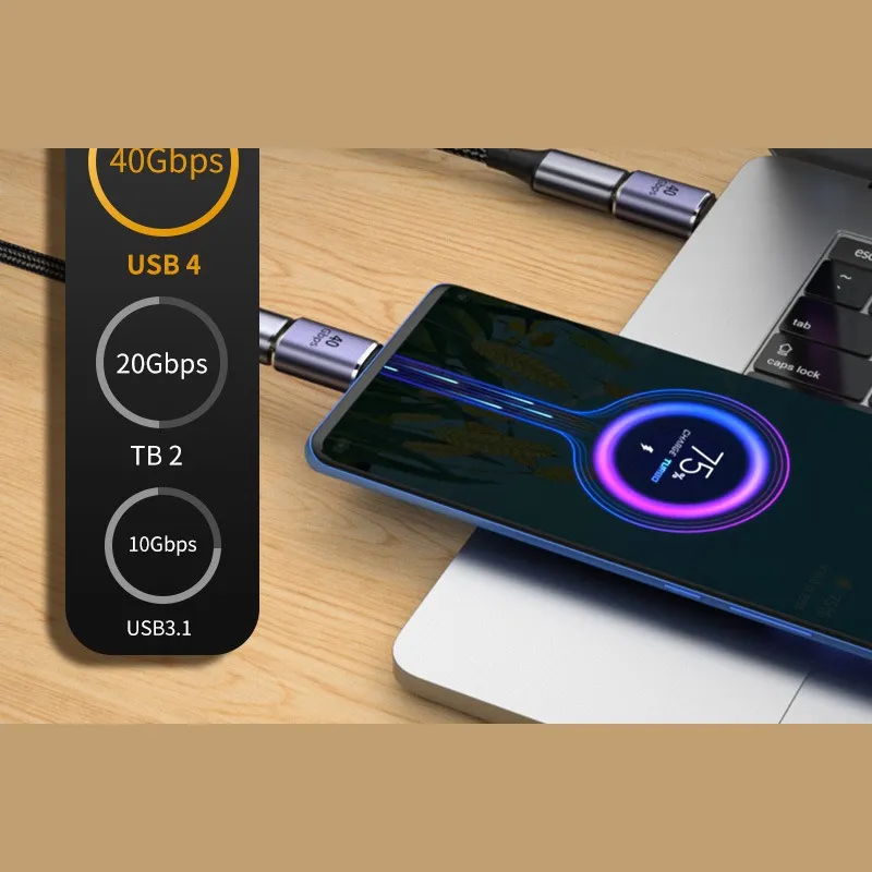 Перехідник USB4 Type-C мама – тато, кутовий 90°, кабель вбік, плаский, 40 Гбіт/с, PD 100 Вт - мініатюра 3