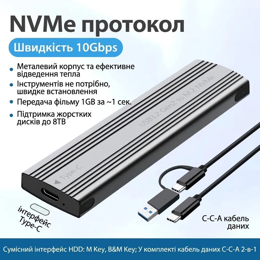 Кишеня для SSD M.2 NVMe Shuole TP300, USB 3.2 Gen 2 10 Гбіт/с, Type-C, алюміній, кабель C-C-A, сірий - зображення 1