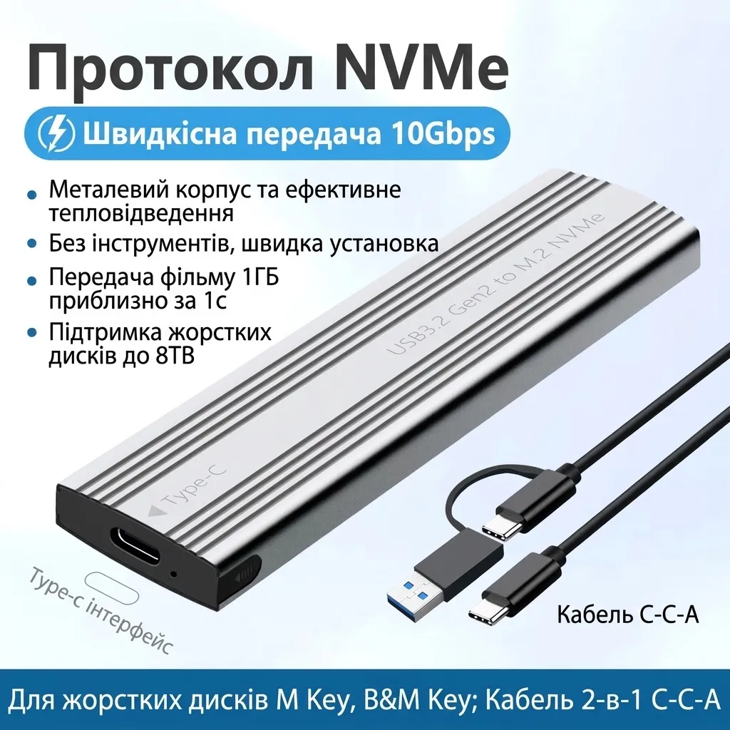 Кишеня для SSD M.2 NVMe Shuole TP300, USB 3.2 Gen 2 10 Гбіт/с, Type-C, алюміній, кабель C-C-A, сріблястий - зображення 1