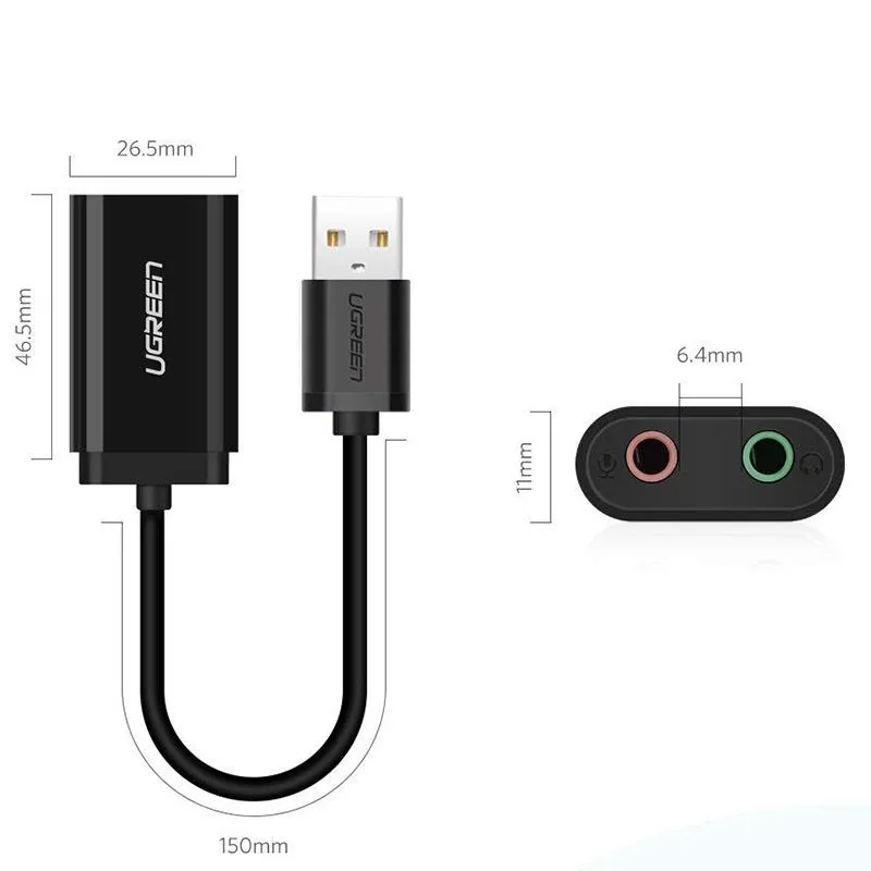 Звукова карта USB AUX jack, 2*TRS (Mic + Ear) ALC4042 Ugreen Чорна US205 - мініатюра 3