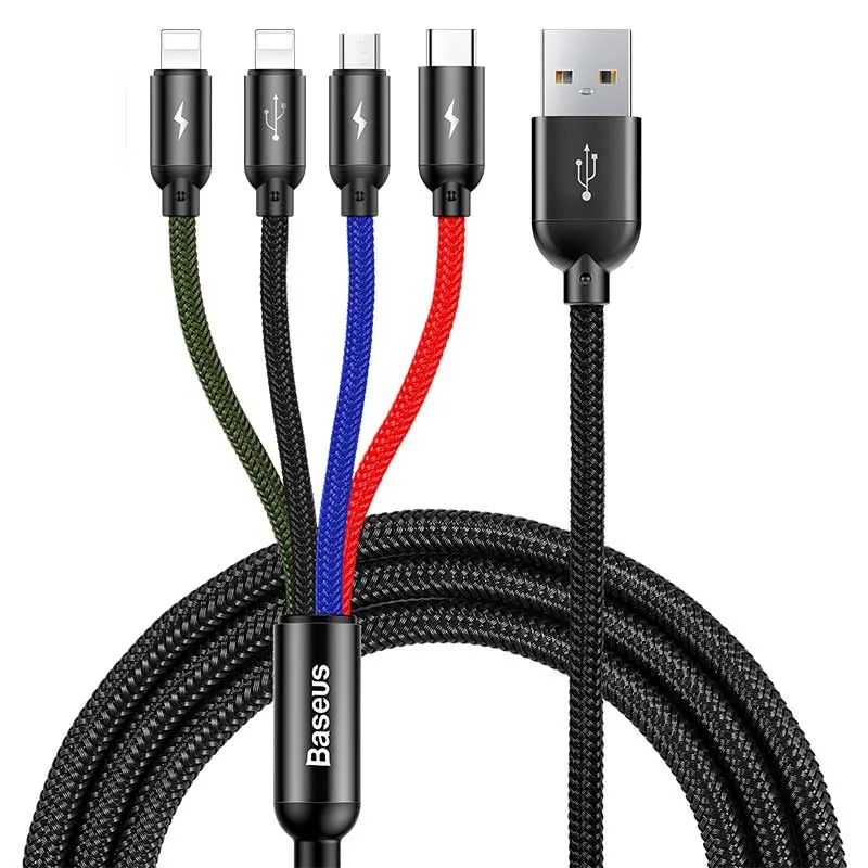 Кабель Baseus Fast 4in1 USB-2Lightning+microUSB+USB-C, 3.5A 1.2м Black (CA1T4-A01) - зображення 1