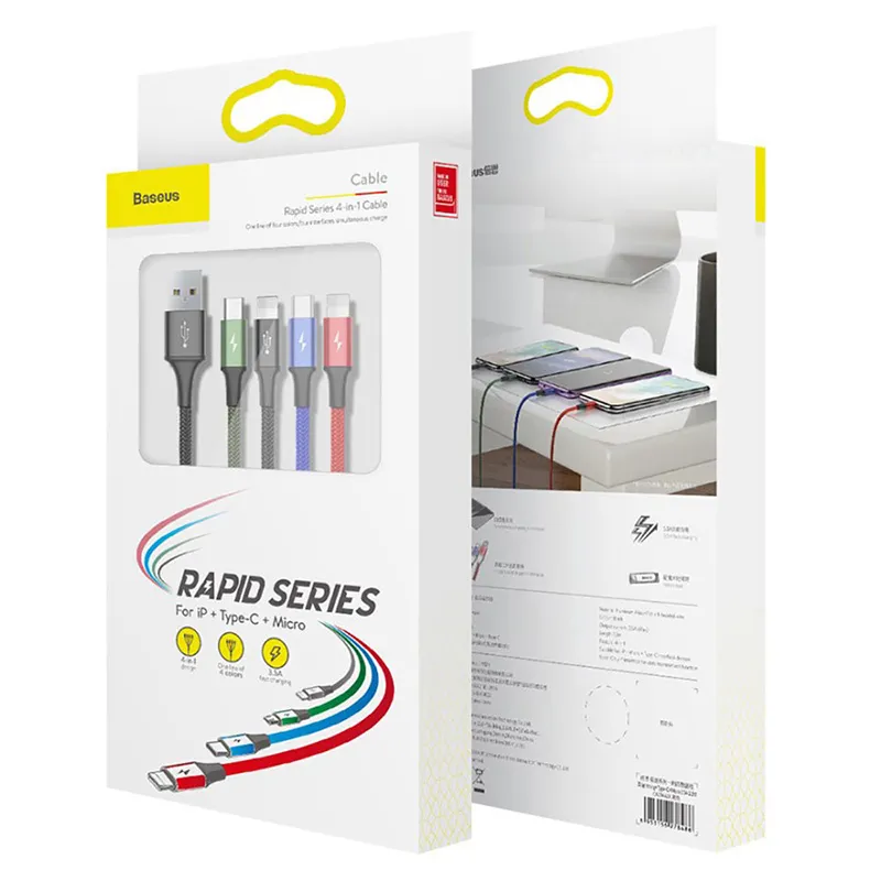 Кабель Baseus Fast 4in1 USB-2Lightning+microUSB+USB-C, 3.5A 1.2м Black (CA1T4-A01) - мініатюра 2