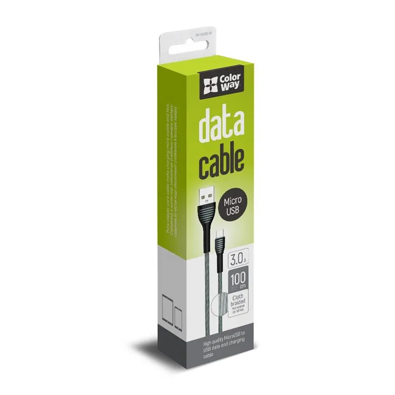Кабель ColorWay USB - micro USB (M/M), Braided Cloth, 3 А, 1 м, Gray (CW-CBUM041-GR) - мініатюра 7