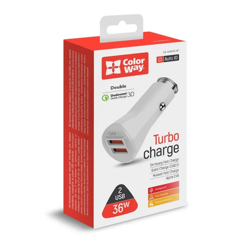 Автомобільний зарядний пристрій ColorWay (2USBх3А, 36W) QC3.0 White (CW-CHA011Q-WT) - мініатюра 6