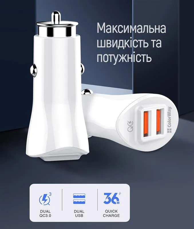 Автомобільний зарядний пристрій ColorWay (2USBх3А, 36W) QC3.0 White (CW-CHA011Q-WT) - мініатюра 7