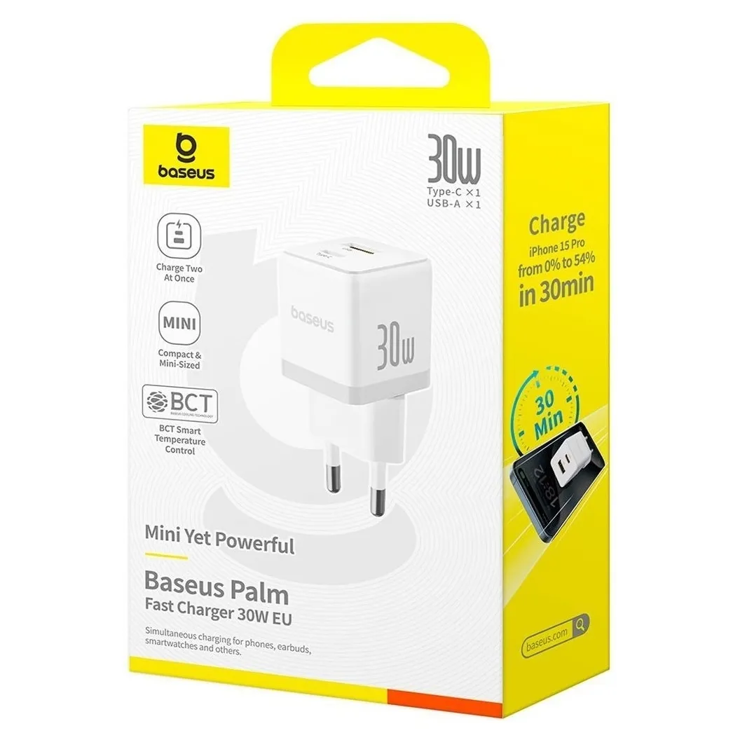 Мережевий зарядний пристрій Baseus Palm FC 30W QC+ PD (1Type-C + 1USB) White (P1011160A213-00) - мініатюра 5