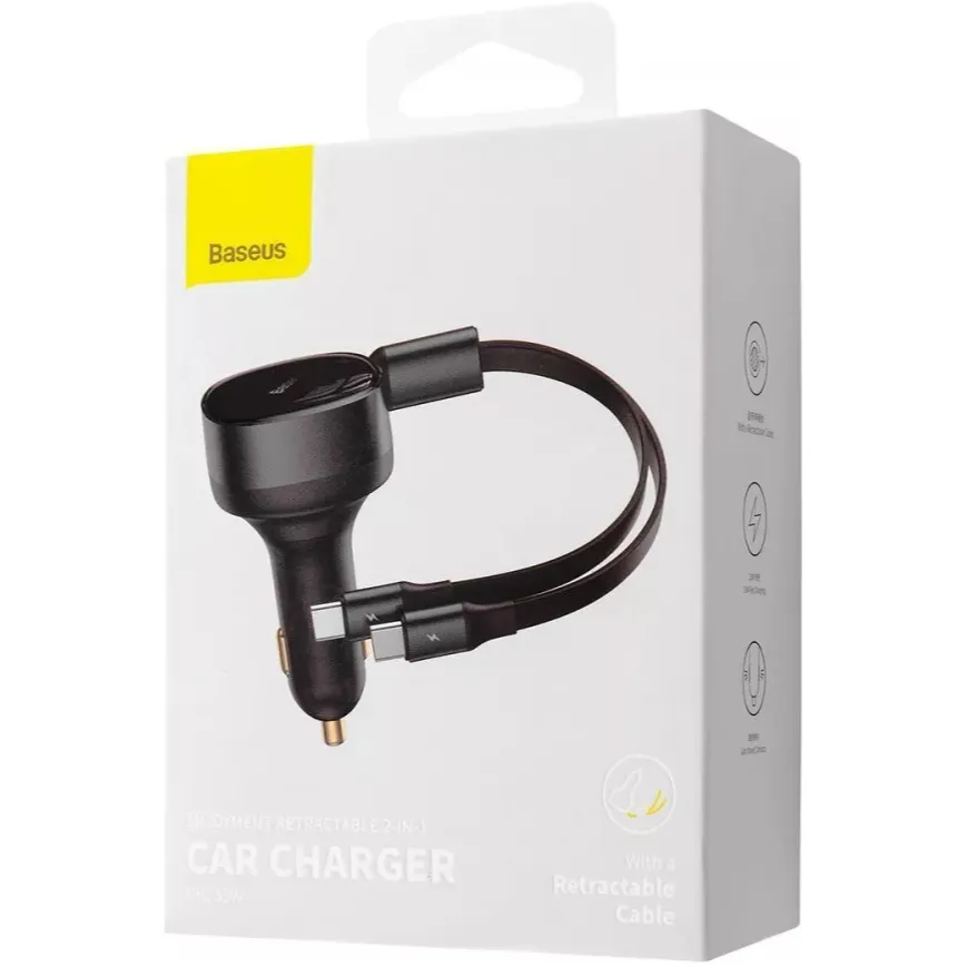 Автомобільний зарядний пристрій Baseus Enjoyment Retractable 2-in-1 (2xUSB-C) 33W Black (C00035500111-00) - мініатюра 5