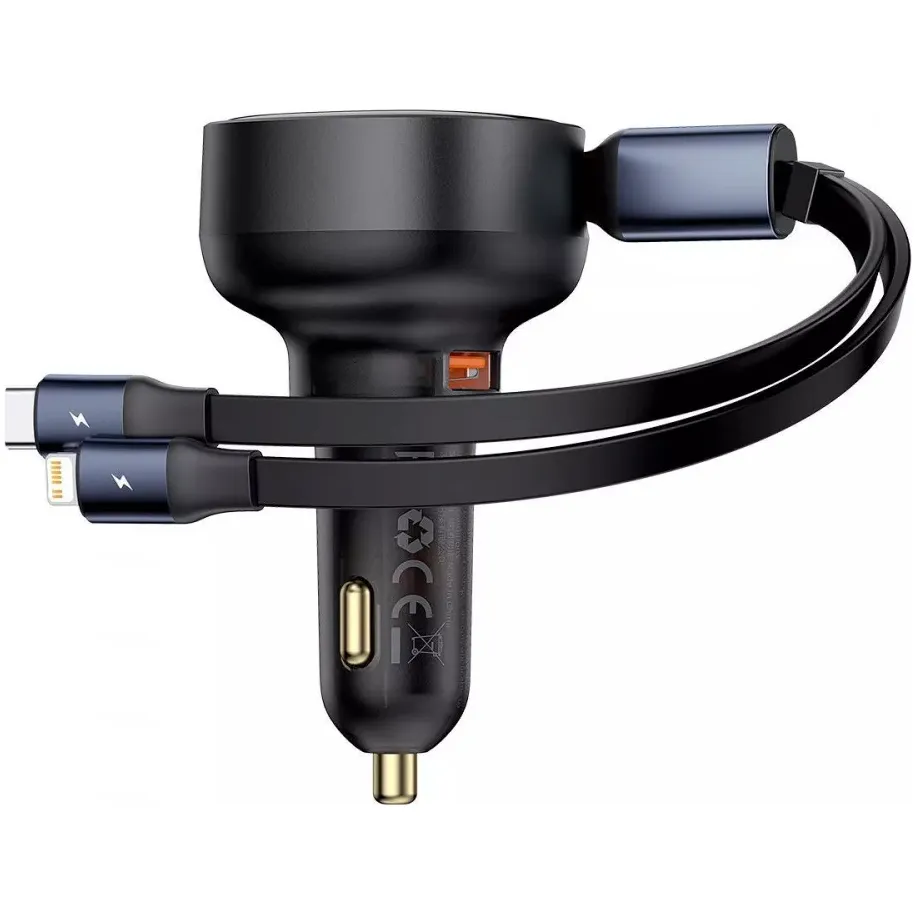 Автомобільний зарядний пристрій Baseus Enjoyment Pro (1USB, 2 вбудовані кабелі USB-C/Lightning) 60W Black (C00057802111-02) - зображення 1
