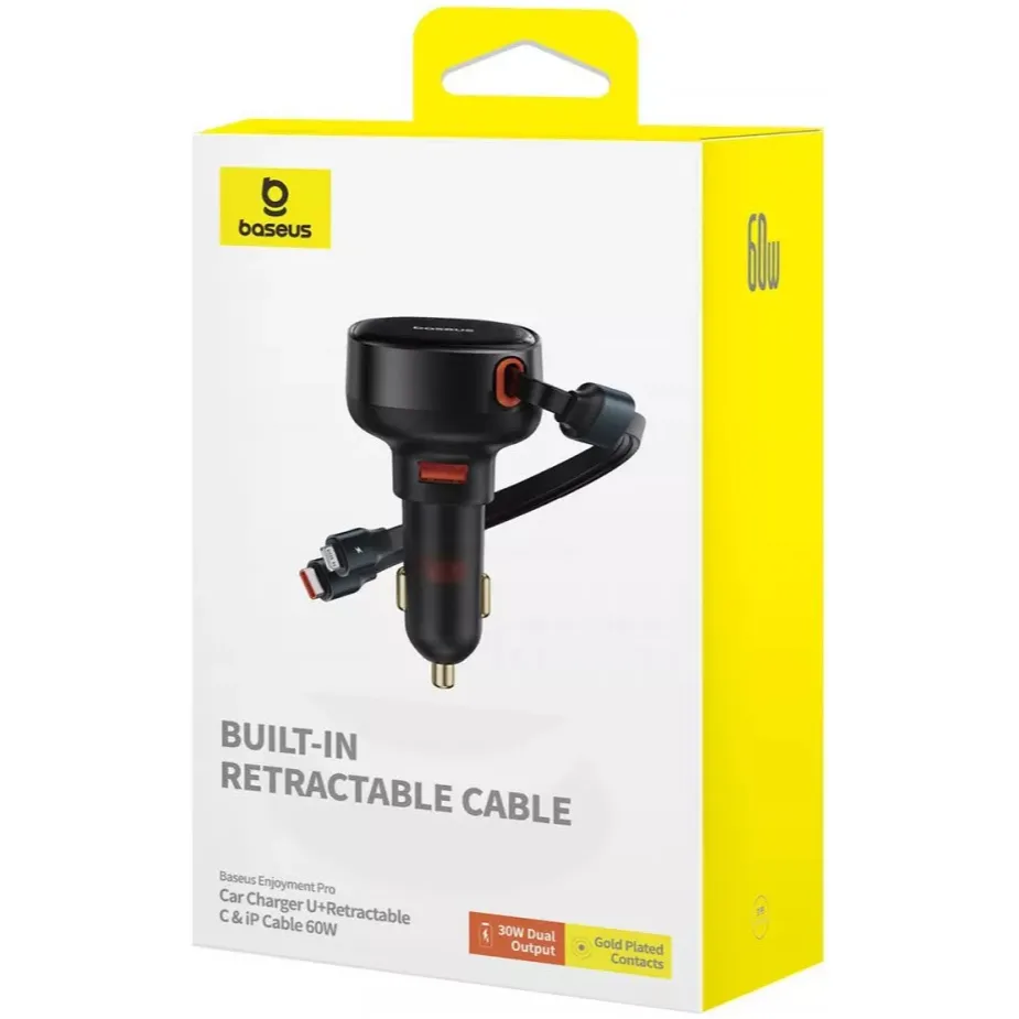 Автомобільний зарядний пристрій Baseus Enjoyment Pro (1USB, 2 вбудовані кабелі USB-C/Lightning) 60W Black (C00057802111-02) - мініатюра 10