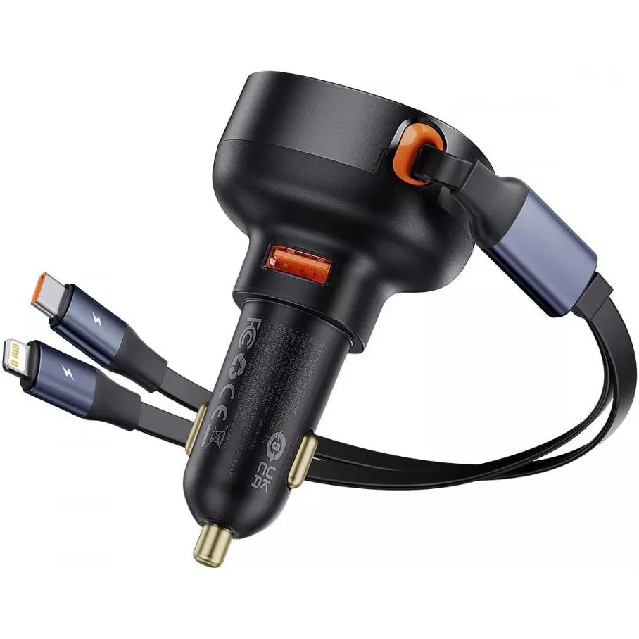 Автомобільний зарядний пристрій Baseus Enjoyment Pro (1USB, 2 вбудовані кабелі USB-C/Lightning) 60W Black (C00057802111-02) - мініатюра 2