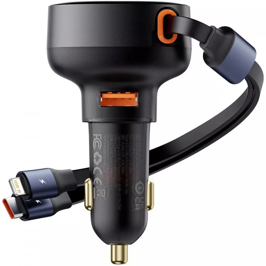 Автомобільний зарядний пристрій Baseus Enjoyment Pro (1USB, 2 вбудовані кабелі USB-C/Lightning) 60W Black (C00057802111-02) - мініатюра 3