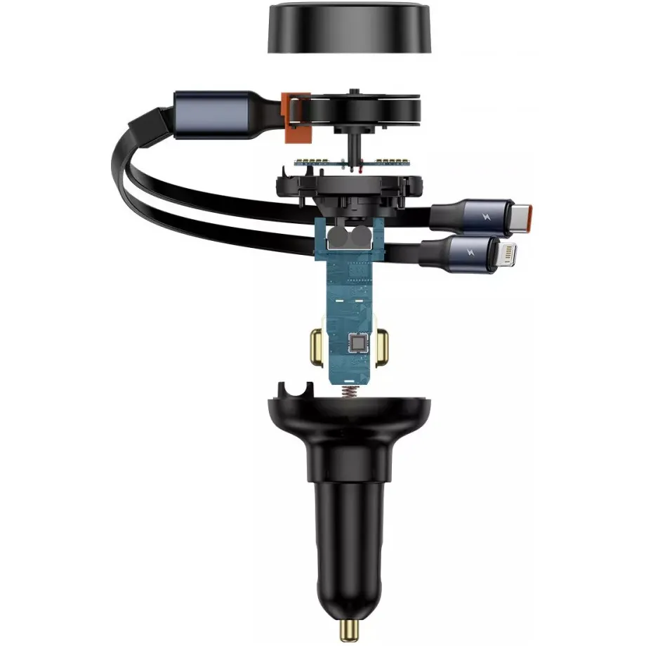 Автомобільний зарядний пристрій Baseus Enjoyment Pro (1USB, 2 вбудовані кабелі USB-C/Lightning) 60W Black (C00057802111-02) - мініатюра 4