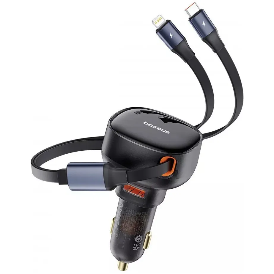 Автомобільний зарядний пристрій Baseus Enjoyment Pro (1USB, 2 вбудовані кабелі USB-C/Lightning) 60W Black (C00057802111-02) - мініатюра 6