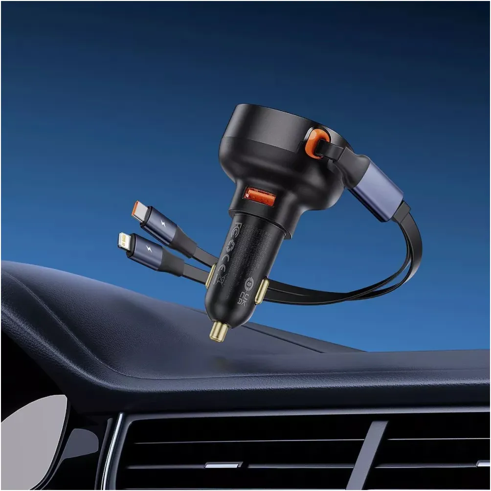 Автомобільний зарядний пристрій Baseus Enjoyment Pro (1USB, 2 вбудовані кабелі USB-C/Lightning) 60W Black (C00057802111-02) - мініатюра 8