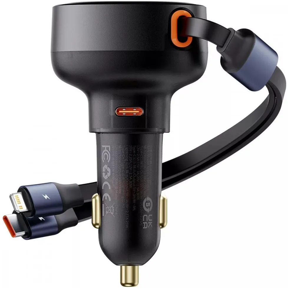 Автомобільний зарядний пристрій Baseus Enjoyment Pro (1USB-C, 2 вбудовані кабелі USB-C/Lightning) 60W Black (C00057802111-00) - зображення 1