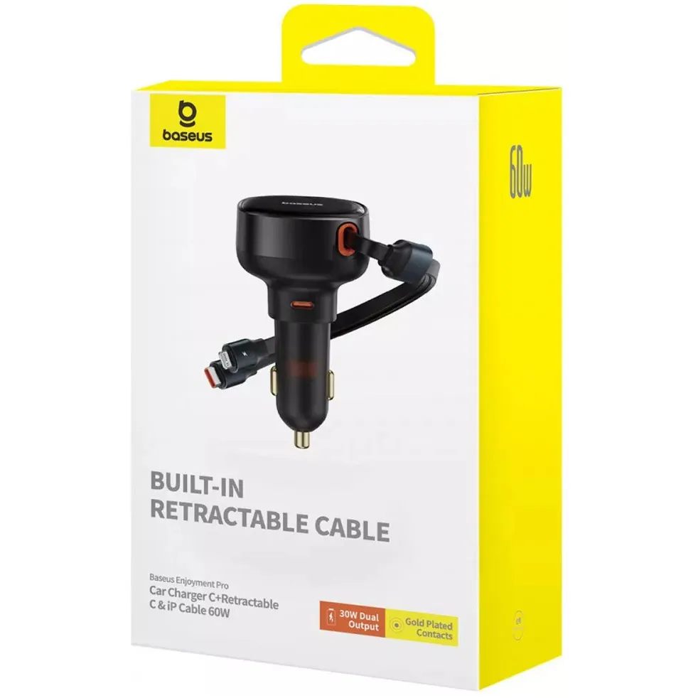 Автомобільний зарядний пристрій Baseus Enjoyment Pro (1USB-C, 2 вбудовані кабелі USB-C/Lightning) 60W Black (C00057802111-00) - мініатюра 10