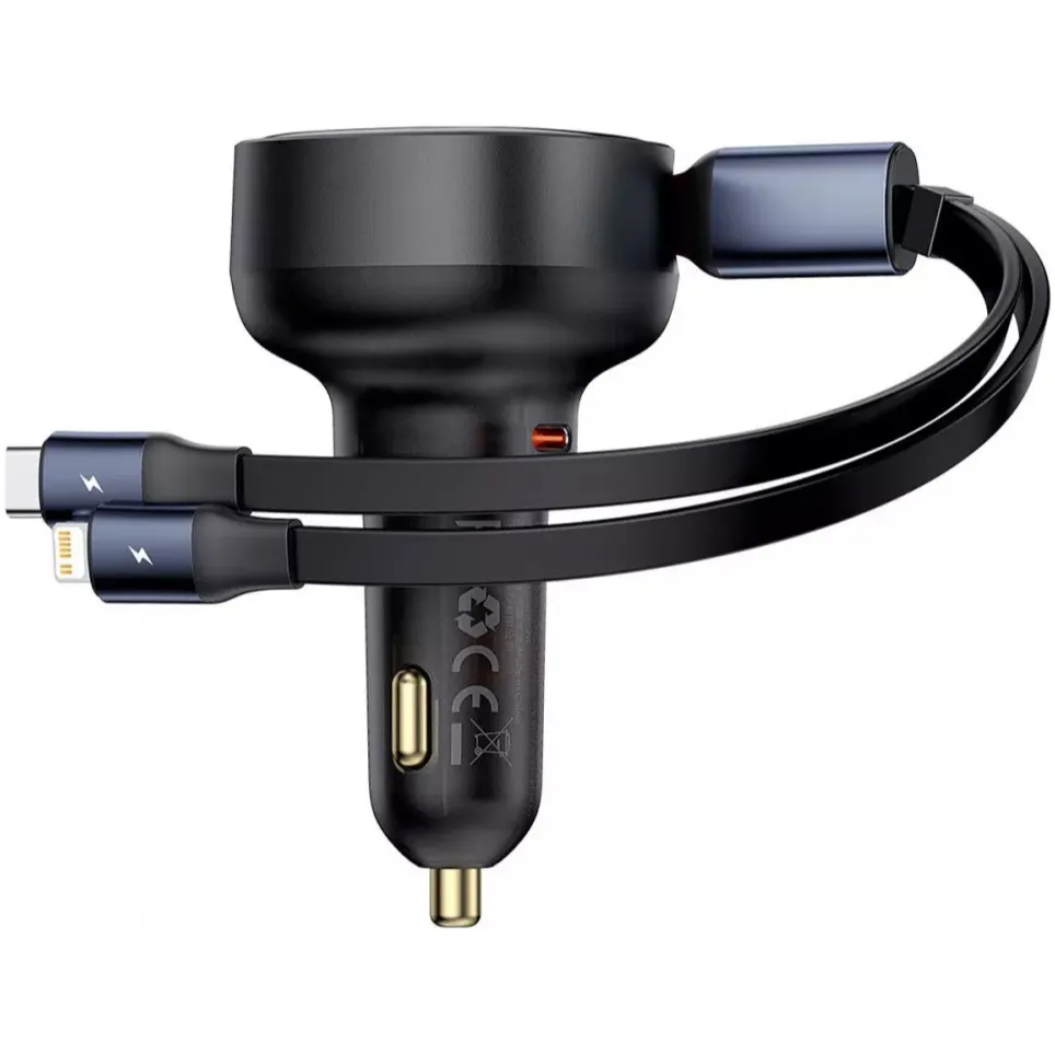 Автомобільний зарядний пристрій Baseus Enjoyment Pro (1USB-C, 2 вбудовані кабелі USB-C/Lightning) 60W Black (C00057802111-00) - мініатюра 2